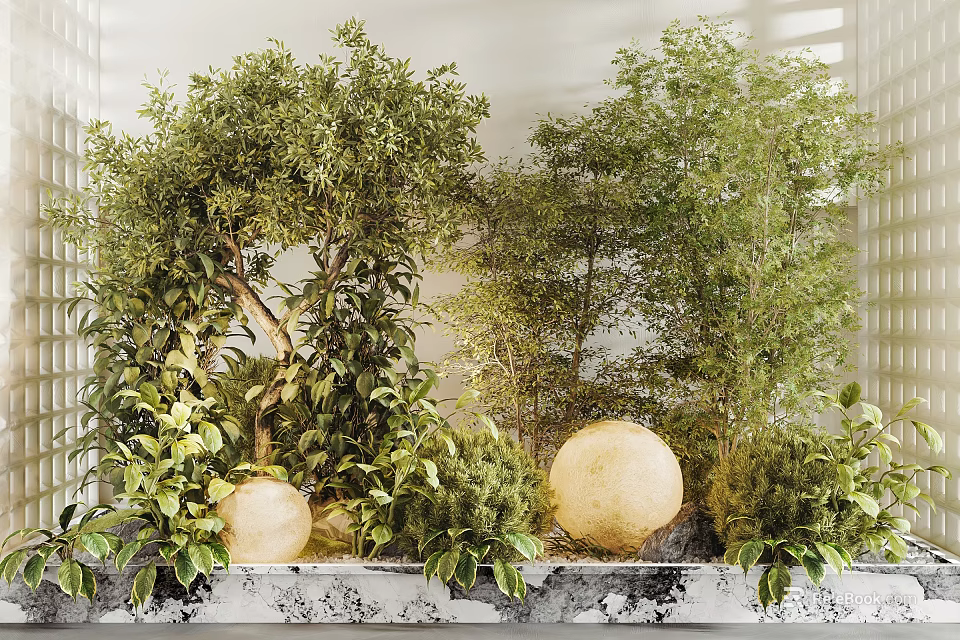 Indoor Landscape Interior Design With Various Green Trees Shrubs And Round White Spherical Decor 3d model 