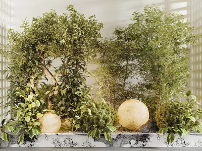 Indoor Landscape Interior Design With Various Green Trees Shrubs And Round White Spherical Decor 3d model