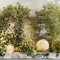 Indoor Landscape Interior Design With Various Green Trees Shrubs And Round White Spherical Decor