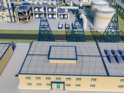 Modern Industrial Factory Building With Flat Roof Storage Tanks And Steel Towers 3d model