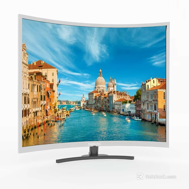 Curved Computer Monitor With Vibrant Venice Canal Scenery White Frame And Black Stand Design 3d model 