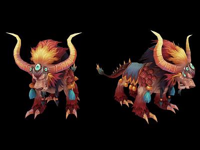 Two Fantasy Bull Like Creatures With Large Horns And Ornaments 3d model