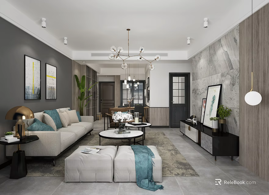Modern Living Room Interior Design With Sofa Coffee Table Chandelier And Decorative Paintings 3d model 