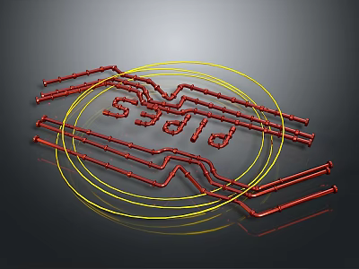 Creative Red Pipes And Yellow Circles Arrangement On Dark Background 3d model