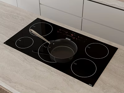 Modern Kitchen Black Induction Cooktop With Pan On Light Countertop And White Cabinets 3d model