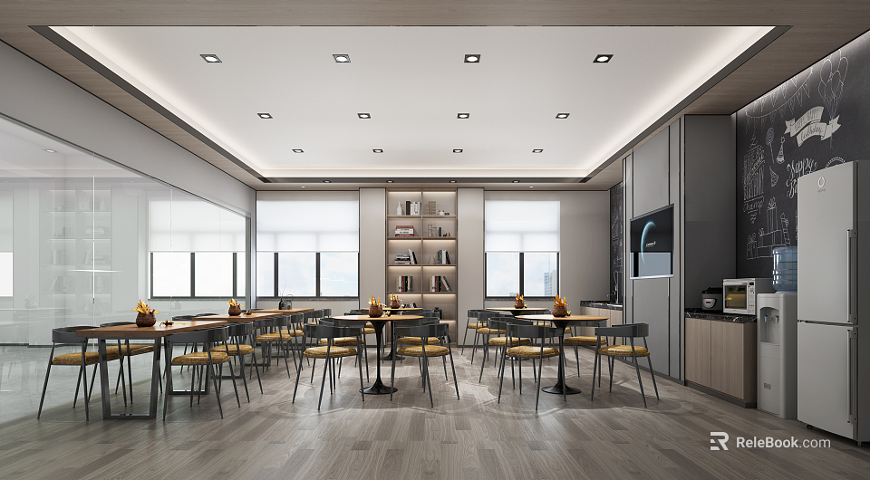 Modern Break Room Interior With Tables Chairs Bookshelves And Coffee Machine 3d model 