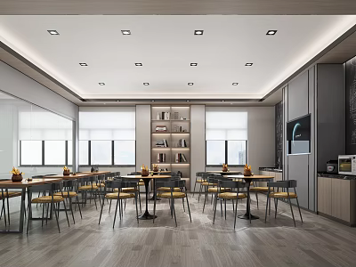 Modern Break Room Interior With Tables Chairs Bookshelves And Coffee Machine 3d model