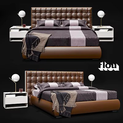 Modern Double Bed With Leather Headboard Striped Bedspread And Nightstands With Table Lamps 3d model