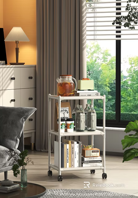 White Multi Tiered Shelf With Glass Pitcher Storage Box Books And Stationery In Living Room 3d model 