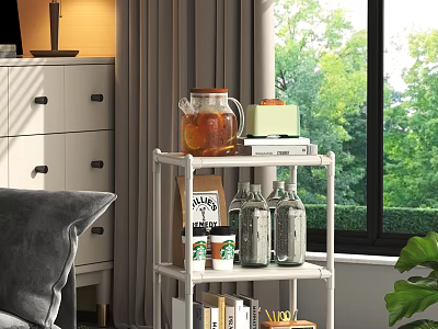 White Multi Tiered Shelf With Glass Pitcher Storage Box Books And Stationery In Living Room 3d model