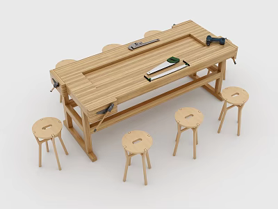 Sturdy Wooden Functional Workbench With Tools And Four Matching Stools 3d model