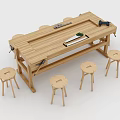 Sturdy Wooden Functional Workbench With Tools And Four Matching Stools