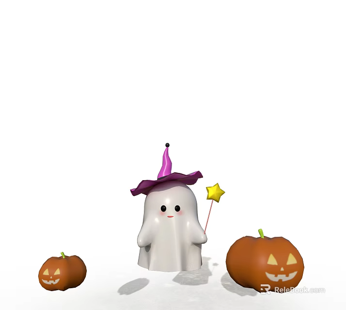 Cute Ghost With Purple Hat Holding Star Wand And Pumpkin Lanterns 3d model 