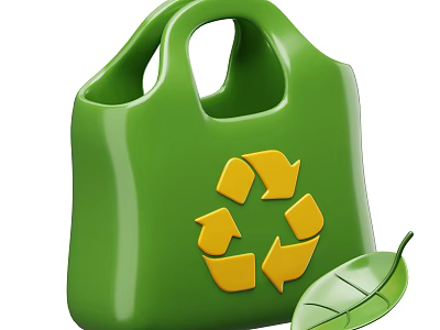 Eco Friendly Decorative Ornament Set With Green Recycling Bag Yellow Recycling Symbol And Green Leaf 3d model