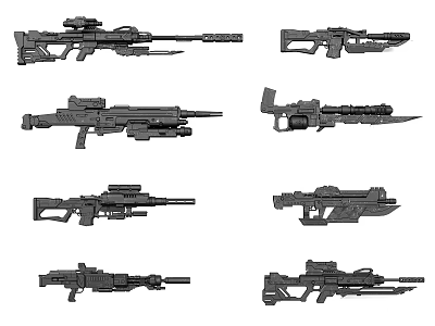 Different Types of Tactical Weapons Featuring Sniper And Assault Rifle Designs 3d model