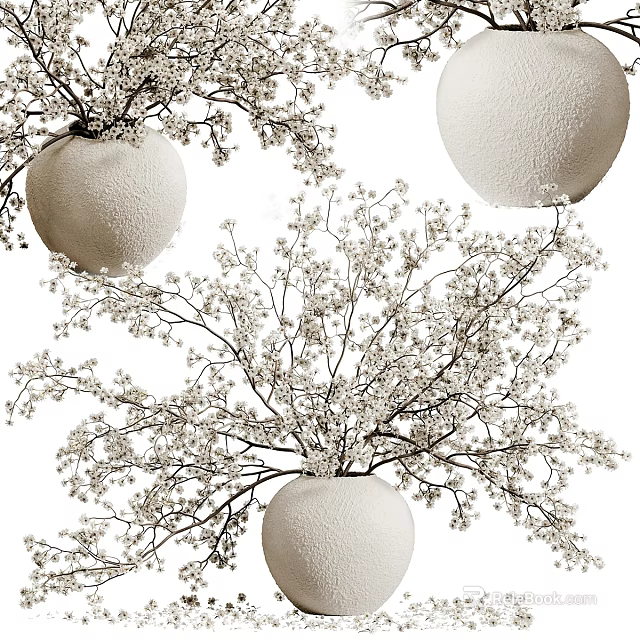 White Pebbled Texture Vase With Baby's Breath Flowers And Spreading Branches 3d model 