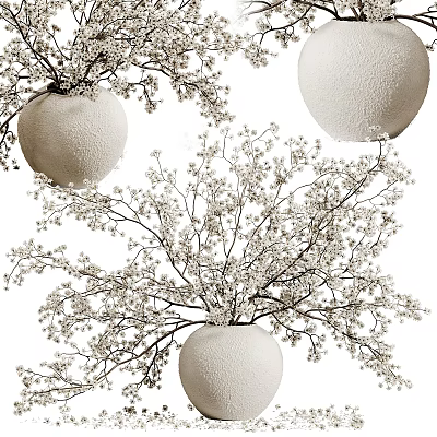 White Pebbled Texture Vase With Baby's Breath Flowers And Spreading Branches 3d model