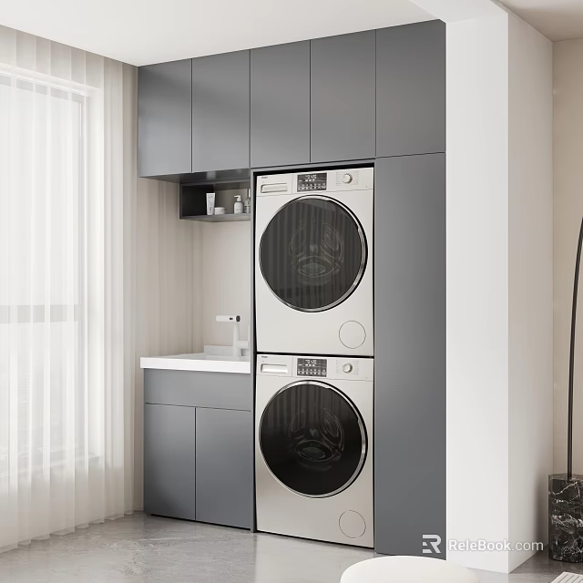 Home Balcony Interior With Grey Cabinets Washer Dryer Stack And Sink Design 3d model 