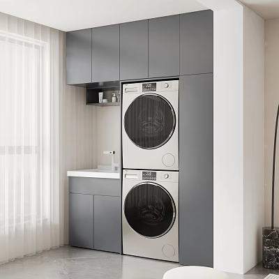 Home Balcony Interior With Grey Cabinets Washer Dryer Stack And Sink Design 3d model