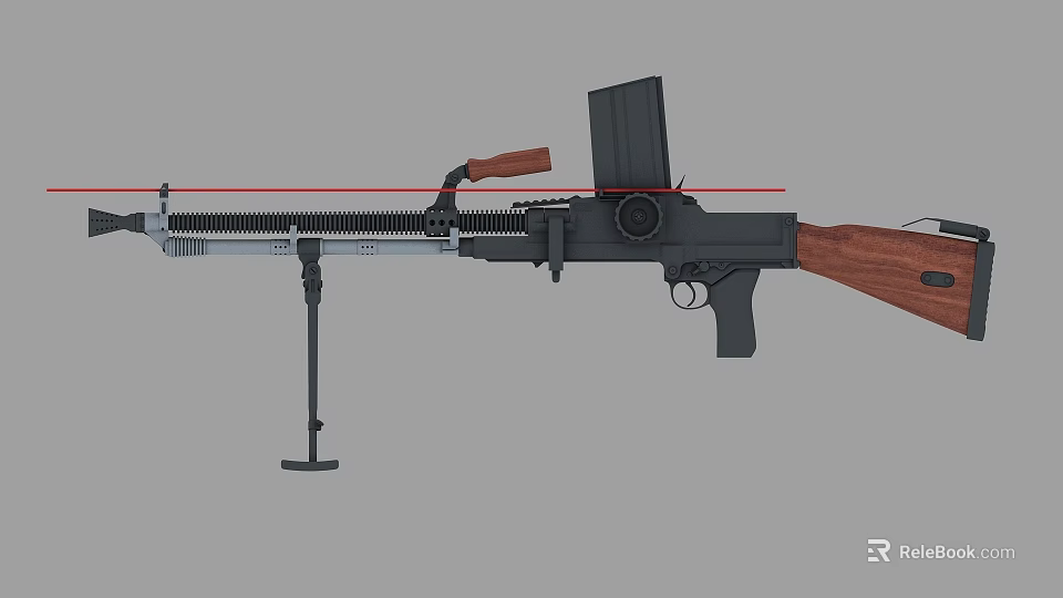 Military Machine Gun With Wooden Stock Black Barrel And Magazine Mounted On Stand 3d model 