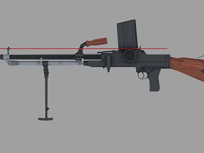 Military Machine Gun With Wooden Stock Black Barrel And Magazine Mounted On Stand 3d model
