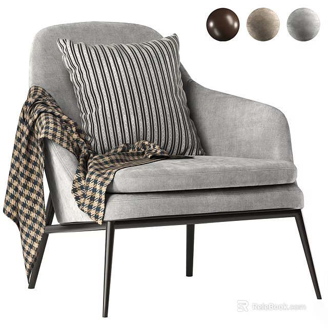 Modern Gray Armchair with Striped Pillow and Plaid Blanket on Black Metal Legs 3d model 