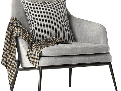 Modern Gray Armchair with Striped Pillow and Plaid Blanket on Black Metal Legs 3d model