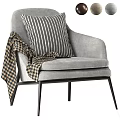 Modern Gray Armchair with Striped Pillow and Plaid Blanket on Black Metal Legs