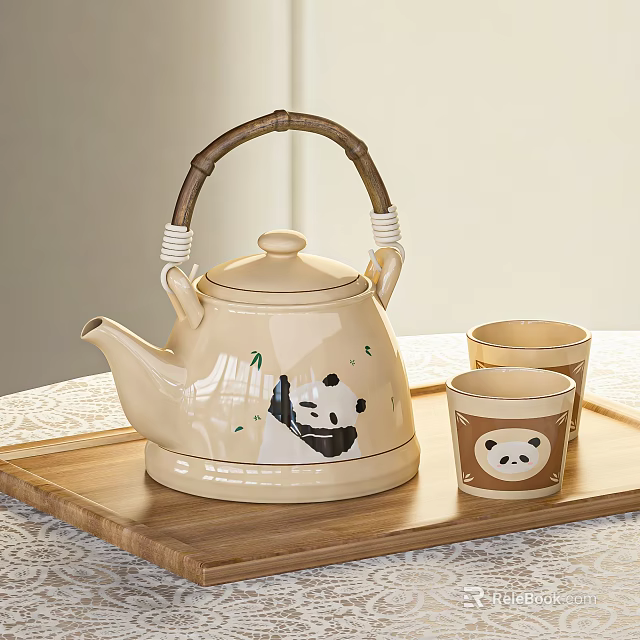 Cream Colored Tableware Set With Panda Pattern Teapot And Cups On Wooden Tray 3d model 