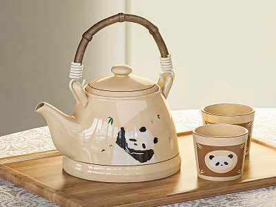 Cream Colored Tableware Set With Panda Pattern Teapot And Cups On Wooden Tray 3d model