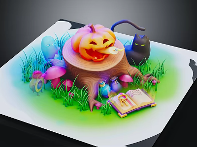 Cartoon Scenery with Pumpkin Lantern on Tree Stump Black Cat Colorful Mushrooms and Open Book 3d model