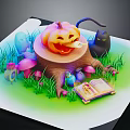 Cartoon Scenery with Pumpkin Lantern on Tree Stump Black Cat Colorful Mushrooms and Open Book