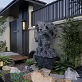 Modern Japanese Garden Landscape with Black Gate Stone Lantern and Green Plants