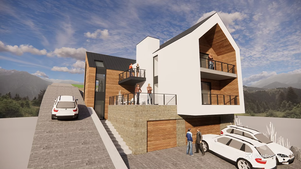 Modern Detached Villa With White And Wooden Exterior Balconies And Parking Cars In Mountain Area 3d model 