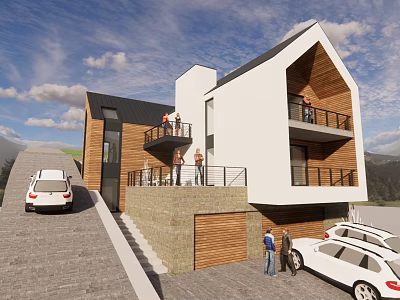Modern Detached Villa With White And Wooden Exterior Balconies And Parking Cars In Mountain Area 3d model