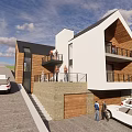 Modern Detached Villa With White And Wooden Exterior Balconies And Parking Cars In Mountain Area