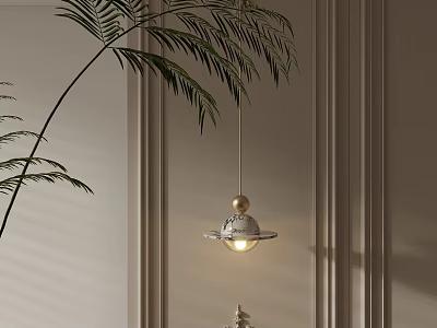 Minimalist Modern Pendant Light With Spherical Base Ring Shade And Palm Leaf On Light Wall 3d model