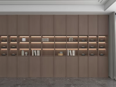 Modern Wooden Storage Shelf Unit In Living Room Interior With LED Lighting And Decorative Items 3d model