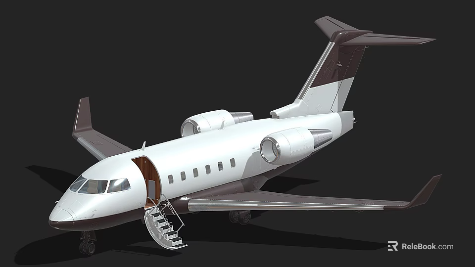 Private Jet With White Exterior Dark Tail Wing Open Door And Boarding Stairs On Ground 3d model 