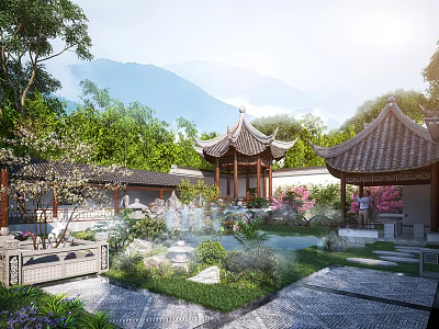 Traditional Chinese Garden Landscape With Pagoda Pavilions Rock Formations Stone Paths And Lush Greenery 3d model