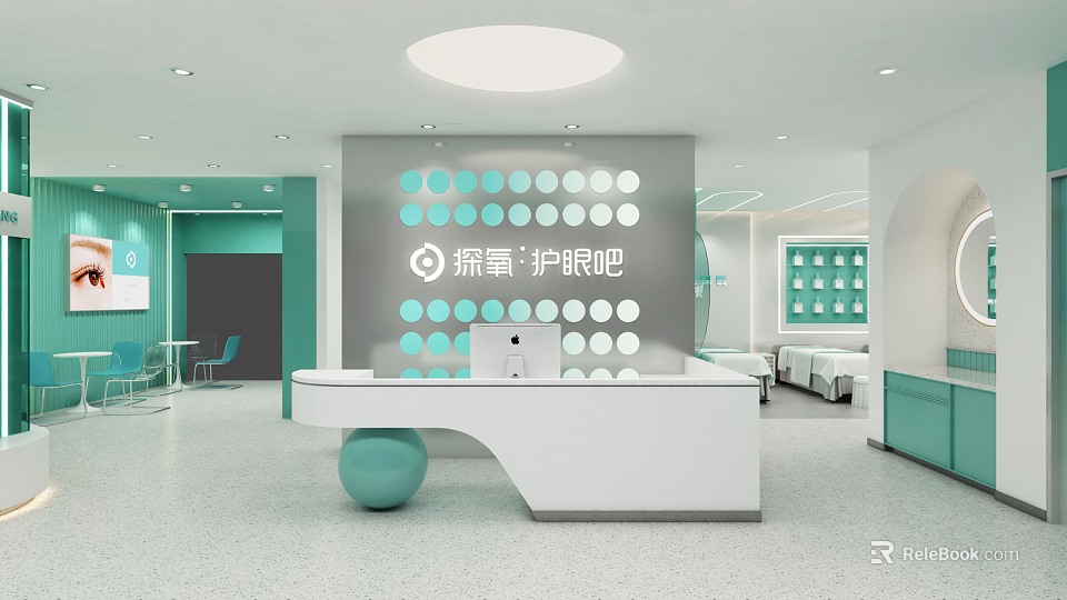 Modern Eye Care Store Interior With Reception Desk And Circular Light Green White Patterns 3d model 