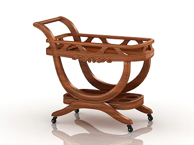 Wooden Serving Cart With Curved Frame Decorative Details Lower Shelf And Wheels 3d model