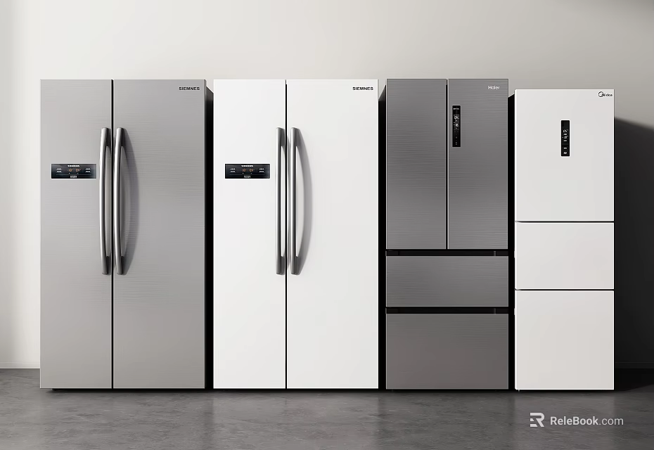 Various Modern Refrigerators and Freezers in Silver White Gray with Double Door Designs 3d model 