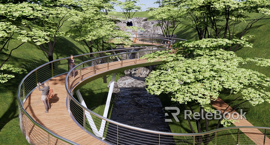 Modern Bridge Mountain Forest Park Landscape Valley Stream Stone River Curve Special-shaped Plank Road Viewing Platform Landscape Bridge model