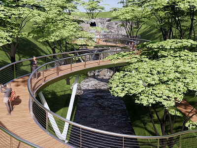 Modern Bridge Mountain Forest Park Landscape Valley Stream Stone River Curve Special-shaped Plank Road Viewing Platform Landscape Bridge model