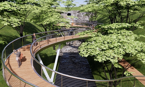 Modern Bridge Mountain Forest Park Landscape Valley Stream Stone River Curve Special-shaped Plank Road Viewing Platform Landscape Bridge 3d model