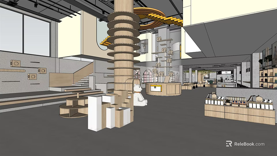 Modern Café Interior with Spiral Column Open Space Staircase and Wooden Display Shelves 3d model 
