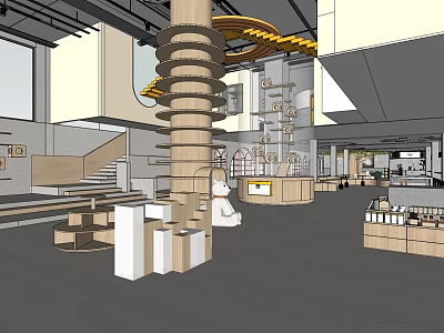 Modern Café Interior with Spiral Column Open Space Staircase and Wooden Display Shelves 3d model