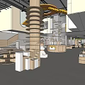 Modern Café Interior with Spiral Column Open Space Staircase and Wooden Display Shelves