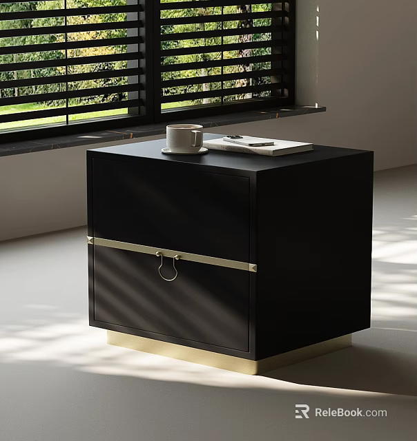 Black Nightstand with Gold Trim Drawer White Cup Notebook and Sunlight by Window 3d model 